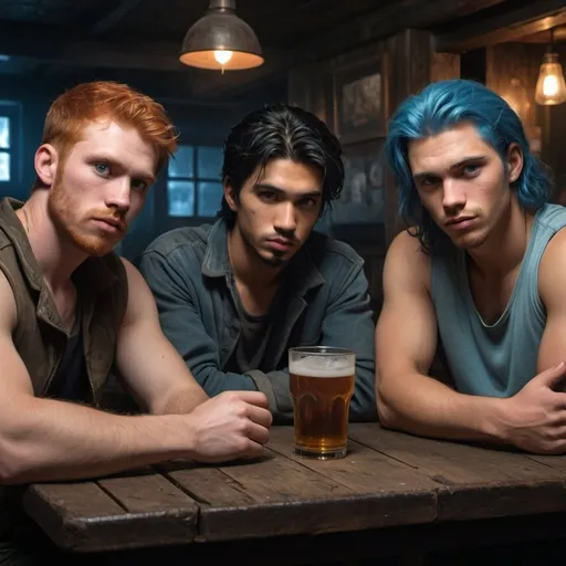 Prompt: Three young men drink in dark, dank moody post apocalypse tavern, One man has black hair and the only one with icy blue eyes, and his two best male friends of different ethnicities, Clint, hispanic, and Scott is redhead,