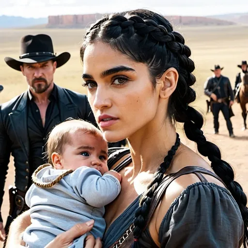 Prompt:   woman with braided hair and sofia Boutella features, fights off russian assassins  while holding a baby,  western, set in travel, midwest
