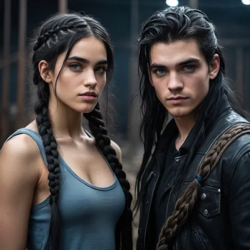 Prompt: stunning 18-year-old young male with longish black hair and blue eyes, standing next to 22 year old girlfriend that looks like sofia boutella, amber eyes her braided hair, post apocalypse winter intense low light atmosphere, dramatic lighting, dynamic composition, gritty, captive, rebellious, detailed features, highres, intense lighting, emotional, gothic, detailed expression, atmospheric lighting, gritty