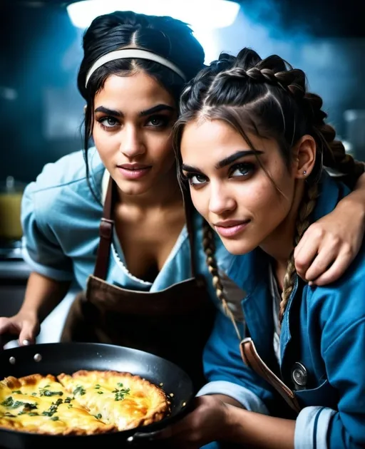 Prompt: two best friends, Kianna, average looking, young rugged, homeless, 19 year old girl, baggy clothes, loves to cook, laughs with woman that looks like sofia boutella with btworown eyes, her braided hair, cooking together, cinematic, heroic, pie, omlette, epic lighting, cool tones, detailed eyes, professional, gritty atmosphere, intense atmosphere, dramatic low professional lighting, post-apocalyptic setting, detailed eyes, highres, intense atmosphere, professional lighting, post-apocalyptic,, dramatic, rebel medic, blue tones