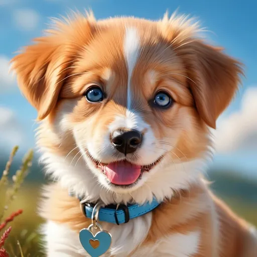 Prompt: High-quality digital illustration of a cheerful puppy, one brown eye and one piercing sky blue eye, vibrant red fur with long wagging tail,  adorable expression, realistic digital painting, detailed fur with soft textures, warm and inviting color palette, natural lighting, best quality, detailed eyes, heartwarming, realistic, cheerful mood