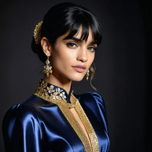 Prompt:  Sofia Boutella-like woman in a retro  highcollar flowing  dark blue silk and shimmering gold dress, covered in gold jewels, classic modest  , luxurious material, highres, elegant, glamorous, sophisticated, shimmering, opulent, 