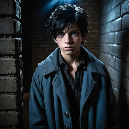 Prompt: handsome, black hair, blue-eyed 16 year old homeless boy, wearing old worn out  and patched up coat, taken hostage, kidnappers, black gothic temple setting, Refugee, intense low light atmosphere, dramatic lighting, dynamic composition, gritty, Warzone, captive, rebellious, dramatic lighting, professional lighting