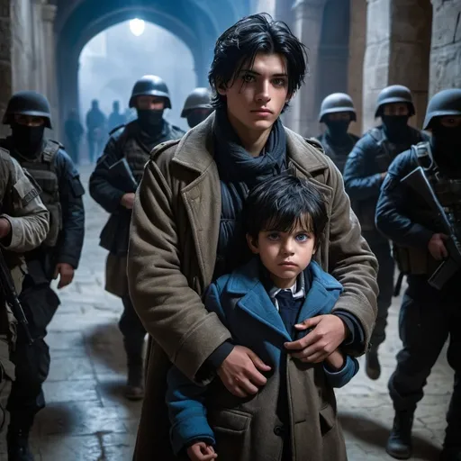 Prompt: handsome, black hair, blue-eyed 16 year old homless boy, wearing old worn out peet coat, carrying small young female child in his arms, guarded by masked soldiers, kidnappers,  gothic temple setting, Refugee, intense atmosphere, dramatic lighting, dynamic composition, gritty, Warzone, captive, rebellious, dramatic lighting, professional lighting