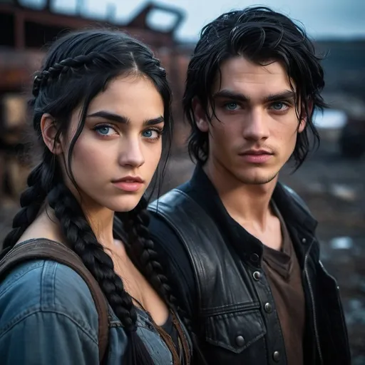 Prompt: stunning 18-year-old young male with longish black hair and blue eyes, standing next to 22 year old girlfriend that looks like sofia boutella, amber eyes her braided hair, post apocalypse winter intense low light atmosphere, dramatic lighting, dynamic composition, gritty, captive, rebellious, detailed features, highres, intense lighting, emotional, gothic, detailed expression, atmospheric lighting, gritty