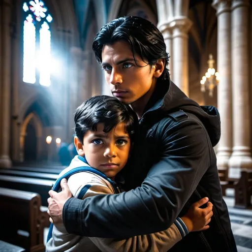 Prompt: young man, icy blue eyes and handsome black hair, , protectively hugs a a very young 6 year old and small scared hispanic boy clings.
  dimly lit Cathedral, 
inside Cathedral setting, gritty,  Moody light, cinematic, warzone,, terrorists, refugee, dramatic lighting 
