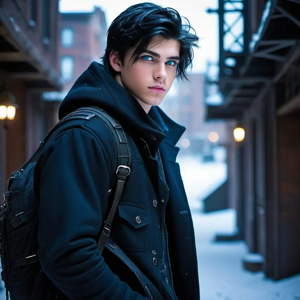 Prompt: handsome, black hair, blue-eyed 18 year old man, innocent face,   rebels. intense atmosphere, dramatic  low  professional lighting, winter, post apocalyptic urban fantasy setting, dramatic lighting, intricate architectural details, high quality, realistic fantasy, urban setting, detailed expressions, dramatic lighting, 