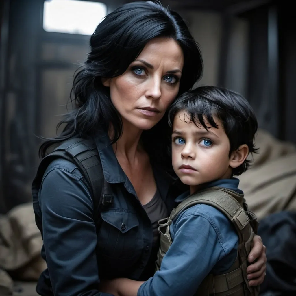 Prompt: dark black hair
the  beautiful mother's protective supports   her small  injured seven year old  blue eye son with handsome dark  black hair.  rebels, 
 gritty,  Moody light, cinematic, warzone,, terrorists,, dramatic lighting, tactical , cargo pants
