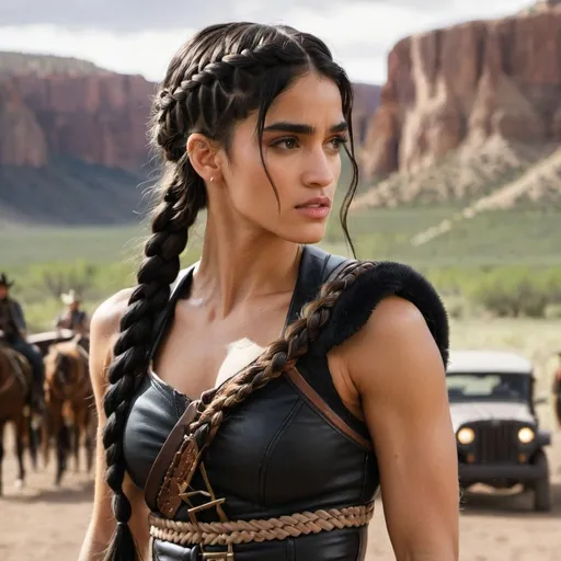 Prompt:   woman with braided hair and sofia Boutella features poised to defend herself in a fight, a baby in papoose strapped to her chest, and braided hair western, set in travel, midwest
