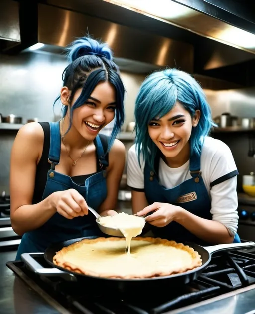 Prompt: Cinematic, post-apocalyptic setting, intense atmosphere, gritty atmosphere, dramatic low professional lighting, two best friends cooking together, laughing Kianna with blue hair and Asian features, woman with brown eyes resembling Sofia Boutella features, pie, omelette, heroic, highres,  professional,cooking, post-apocalyptic, cinematic lighting