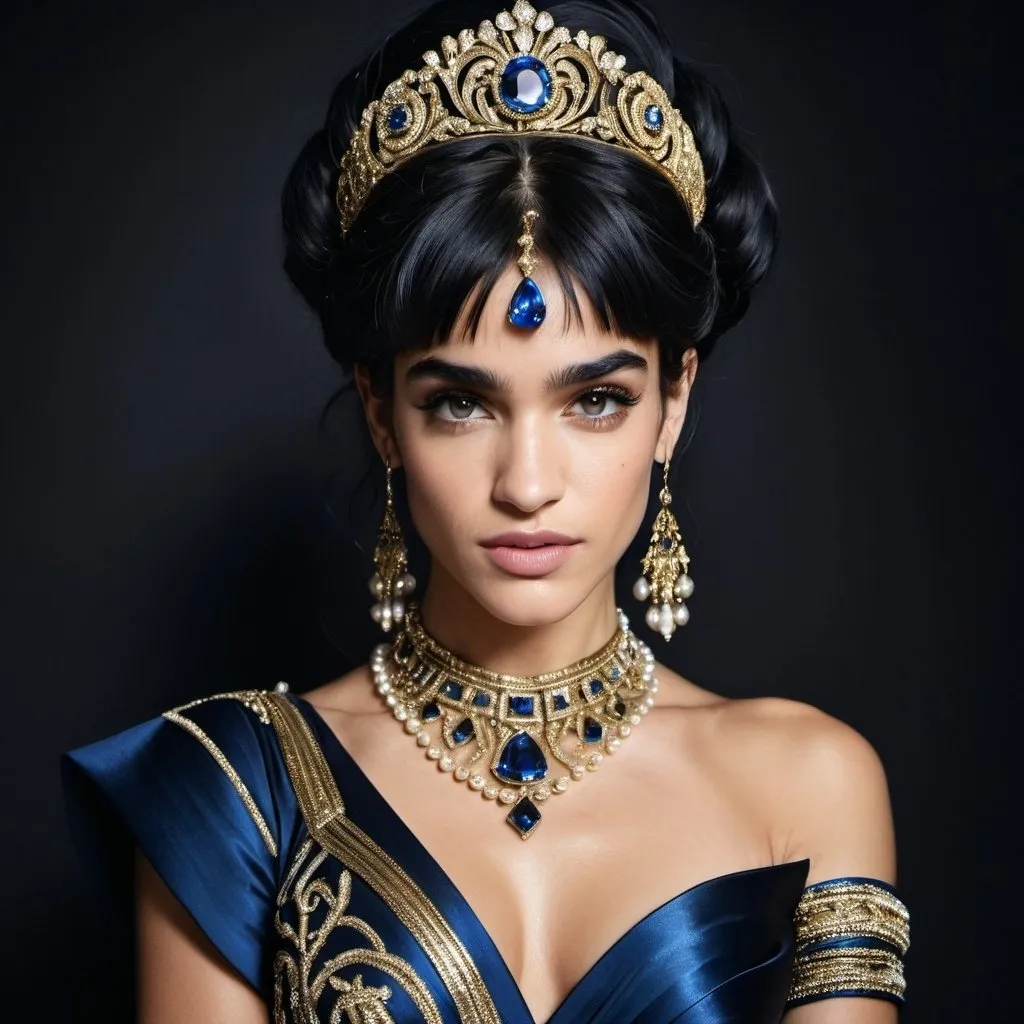 Prompt: Ingush , Sofia Boutella-like woman in a medieval style black silk and shimmering gold dress, adorned with blue and gold jewels, gold coiling bands on arms, pearl rings on fingers, hair swept up high and cascading onto left shoulder, high fashion, detailed facial features, luxurious material, highres, elegant, glamorous, sophisticated, shimmering, opulent, detailed hair, professional lighting Ingush