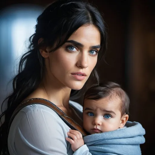 Prompt: beautiful woman with sofia Boutella like features, wearing Cradleboard with baby   dusty western setting, handsome dark hair man with icy blue eyes, mamabear, defender,  intense action, realistic, rugged, dramatic lighting, midwest, high quality, action, dramatic, midwestern, intense, detailed faces, strong woman, dynamic composition