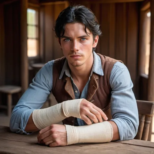 Prompt: handsome  young, black hair young man with icy blue eyes, sickly, thin, skinny, sickly, injured, classic hand injury wrap, wrists with bandage,  western setting, world, old west, sitting a table
