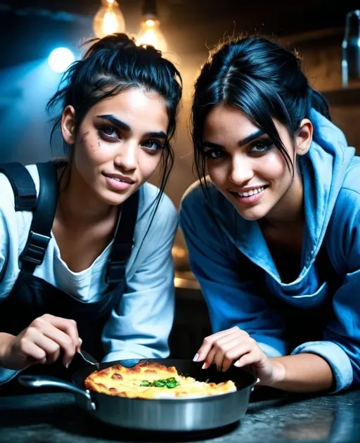 Prompt: two best friends, Kianna, average looking, young rugged, homeless, 19 year old girl, baggy clothes, loves to cook, laughs with woman that looks like sofia boutella with brown eyes, cooking together, cinematic, heroic, pie, omlette, epic lighting, cool tones, detailed eyes, professional, gritty atmosphere, intense atmosphere, dramatic low professional lighting, post-apocalyptic setting, detailed eyes, highres, intense atmosphere, professional lighting, post-apocalyptic,, dramatic, rebel medic, blue tones