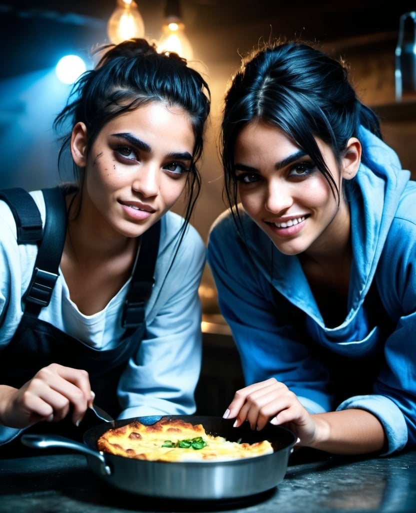 Prompt: two best friends, Kianna, average looking, young rugged, homeless, 19 year old girl, baggy clothes, loves to cook, laughs with woman that looks like sofia boutella with brown eyes, cooking together, cinematic, heroic, pie, omlette, epic lighting, cool tones, detailed eyes, professional, gritty atmosphere, intense atmosphere, dramatic low professional lighting, post-apocalyptic setting, detailed eyes, highres, intense atmosphere, professional lighting, post-apocalyptic,, dramatic, rebel medic, blue tones