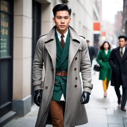 Prompt: 1940's era, young Asian man, Brown casual boots, a green shirt, a dark gray wool sweater. a long gray trench coat. Only his leather gloves, black satchel.  hight and tight sharp haircut.
