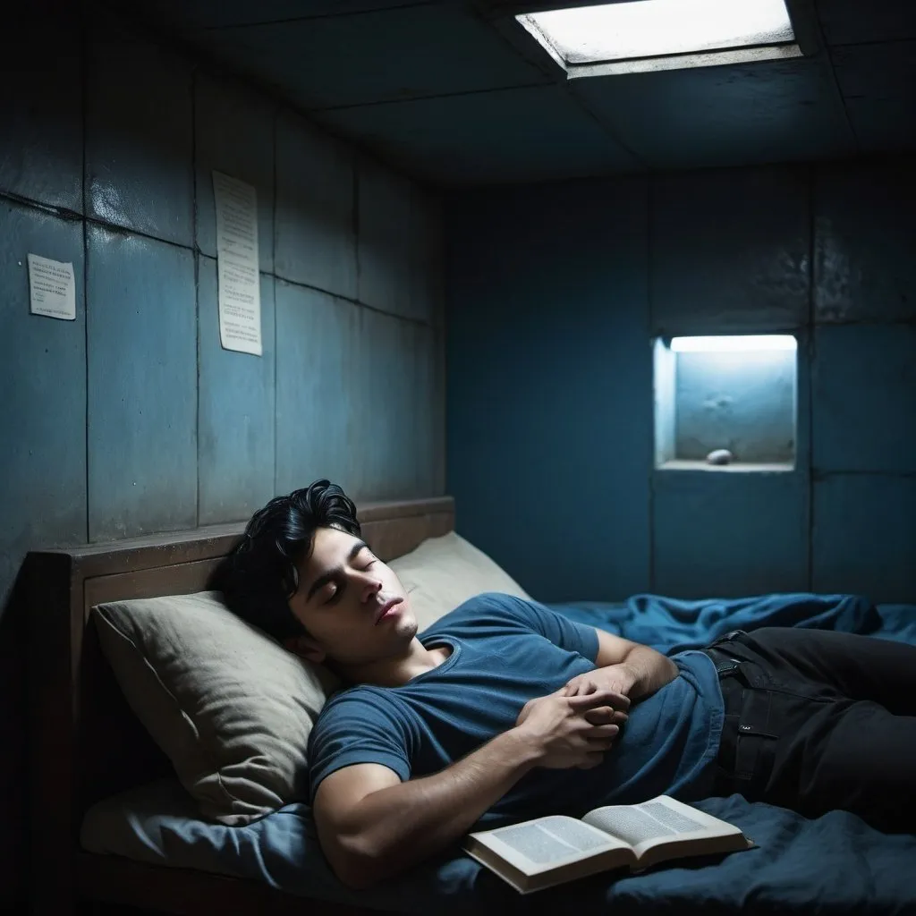 Prompt:  windowless,  large dark bunker room underground, a young man with black hair blue tones, laying  asleep, a book on his chest,  brutalism style bedroom, windowless, dark , resistance, rebels, dark bunker room underground, cinematic, dramatic, moody lighting, sleeping, eyes closed, exhausted, gritty, , dramatic storytelling