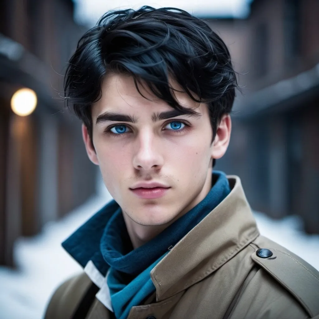 Prompt: handsome, black hair, blue-eyed 18 year old man, innocent face,  dressed in medic smock, medic rebels. intense atmosphere, dramatic  low  professional lighting, winter, post apocalyptic