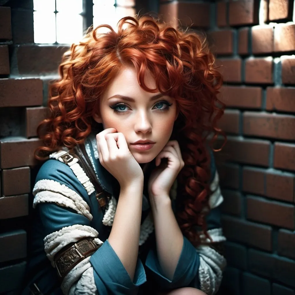 Prompt: Savvy scrappy girl in patched winter clothes, sitting in a dank poor brick prison cell, curly red hair framing her face, being givien in very ornate wood office by , detailed clothing textures, highres, ultra-detailed, futuristic, prison, curly hair, scrappy fashion, cool tones, dramatic lighting