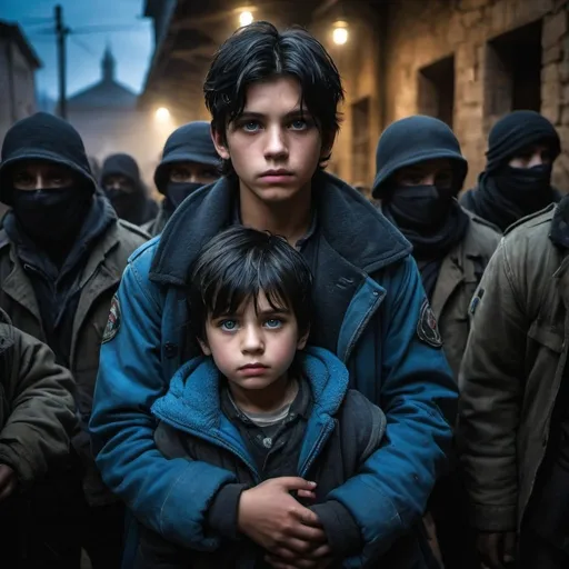 Prompt: handsome, black hair, blue-eyed 16 year old homless boy, wearing old worn out  and patched up peet coat, carrying small young female child in his arms, guarded by masked soldiers, kidnappers,  black gothic temple setting, Refugee, intense low light atmosphere, dramatic lighting, dynamic composition, gritty, Warzone, captive, rebellious, dramatic lighting, professional lighting