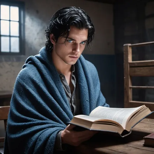 Prompt:  wet hair soaked, young man with black hair and blue eyes,  wrapped  in a gray wool blanket, Holds a open book in front of him. Book has a blue Council stamp, rustic prison room, no room, one caged light.
   injured, resistance, rebels, underground, cinematic, dramatic, moody lighting, gritty, table scene, detailed facial expressions, professional, highres, cinematic lighting, dramatic storytelling