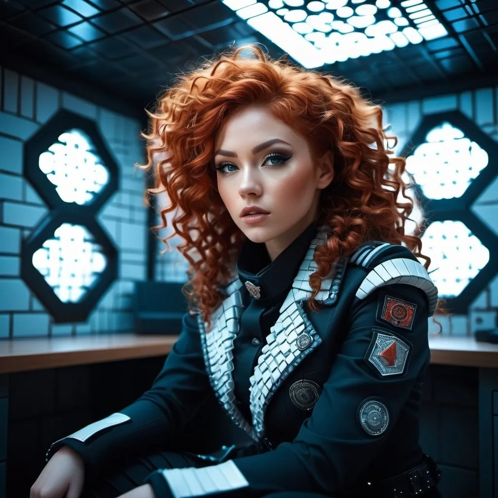 Prompt: Savvy scrappy girl in patched winter clothes, sitting in a futuristic brick prison cell, curly red hair framing her face, being whipped in very ornate wood office by SS officers, detailed clothing textures, highres, ultra-detailed, futuristic, prison, curly hair, scrappy fashion, cool tones, dramatic lighting