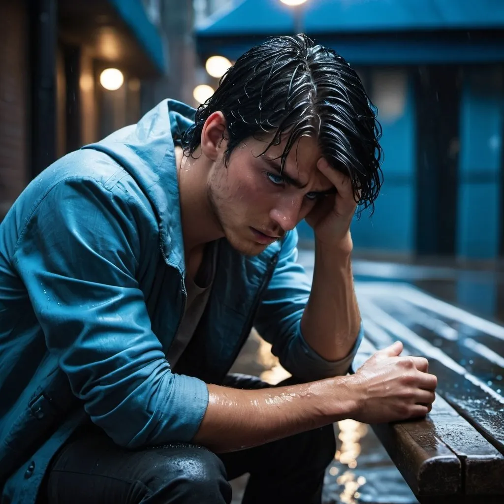 Prompt: drenched, sopping wet, soaked young man with black hair and blue eyes, sitting on small  bench, hunched over, elbows on his knees, face  in his hands, covering his eyes.    injured, resistance, rebels, underground, cinematic, dramatic, moody lighting, gritty, table scene, detailed facial expressions, professional, highres, cinematic lighting, dramatic storytelling