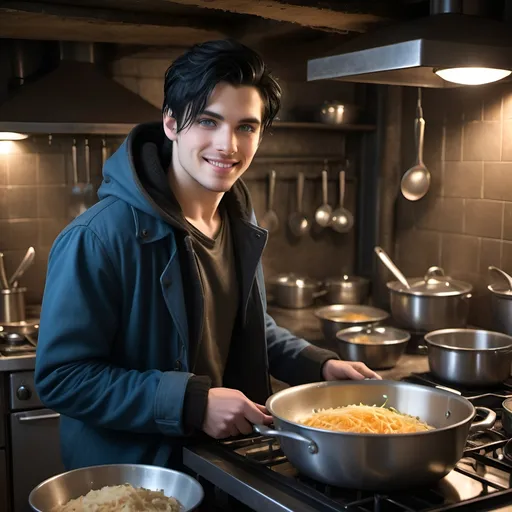 Prompt: handsome, black hair, blue-eyed young man, innocent face,  smiling, underground, cooking in the kitchen, intense atmosphere, dramatic  low  professional lighting, winter, post apocalyptic urban fantasy setting, dramatic lighting, intricate architectural details, high quality, realistic fantasy, urban setting, detailed expressions, dramatic lighting, 