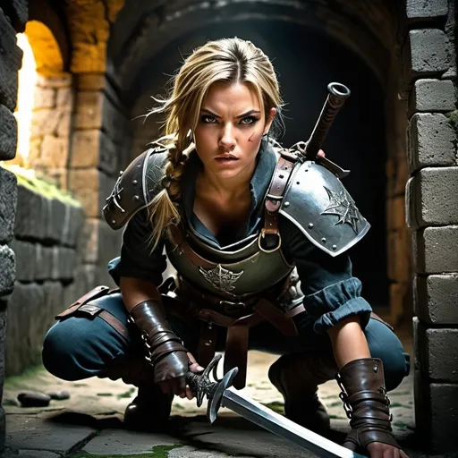 Prompt: (dungeon setting), (strong female soldier), intense battle scene, fighting with determination, dramatic lighting casting shadows, stone walls covered in moss, dark and gritty ambiance, fierce expressions on faces, armor glinting, concrete floor strewn with broken weapons, powerful perspective, focusing on the dynamic action, (handsome prisoner in chains), ultra-detailed, vivid colors, cinematic atmosphere, 4K quality.