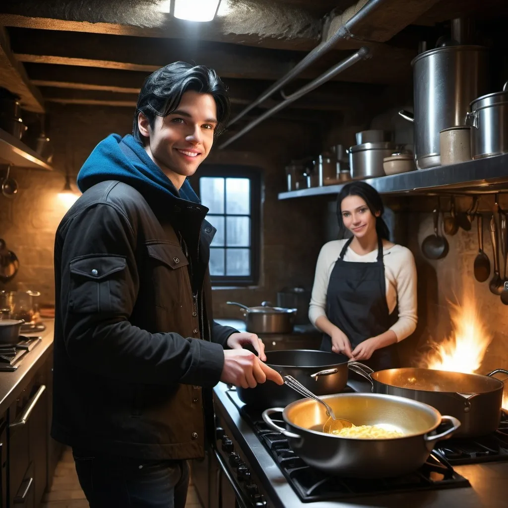 Prompt: handsome, black hair, blue-eyed young man, innocent face,  grinning, underground, cooking in the kitchen, with his wife intense atmosphere, dramatic  low  professional lighting, winter, post apocalyptic urban fantasy setting, dramatic lighting, intricate architectural details, high quality, realistic fantasy, urban setting, detailed expressions, dramatic lighting, 