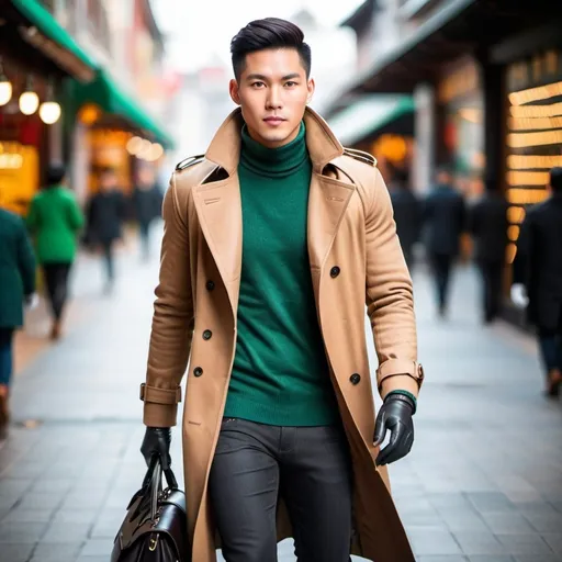 Prompt: vibrant market setting, young  clean shaven Asian man, Brown casual boots, a green shirt, a dark gray wool sweater. a long gray trench coat. leather gloves, black satchel.  hight and tight sharp haircut.
