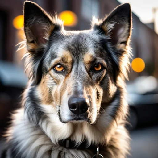 Prompt: Enormous matted gray and haggard dog, intense gaze, non-aggressive demeanor, detailed fur with cool reflections, urban setting, highres, detailed eyes, professional, atmospheric lighting, warm and ominous tones