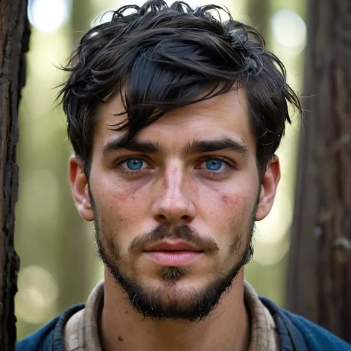 Prompt: Handsome but thin, 22-year-old with longish black hair and bangs, gaunt, beard and intense blue eyes, bruises, convict, thin, escaped, injured, in woods,  big beard, escaping 1880's prison, tattered , ripped, old, dirty clothes, gaunt, battle injury, future, rebels, war, refugee rebels, gritty, 