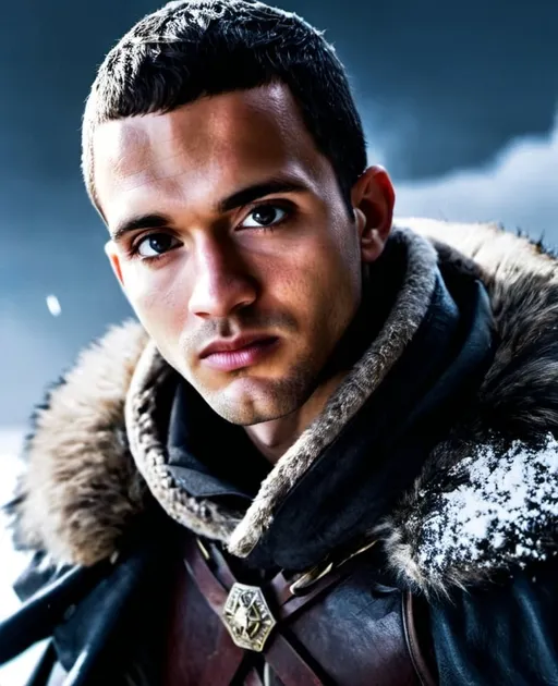 Prompt: Leader of the Northern Resistance, 30-year-old male hero, spy, rugged and weathered appearance, intense and determined gaze, worn leather armor, fur-lined cloak, snowy landscape, high quality, cinematic, heroic, epic lighting, cool tones, detailed eyes, professional, gritty atmosphere