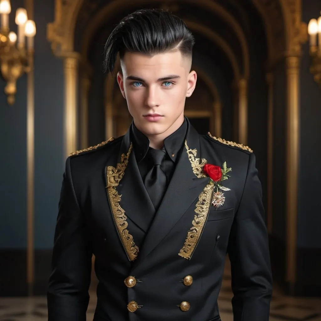 Prompt: Handsome 20-year-old with black hair, mohawk, and intense blue eyes, wearing a black dinner jacket with ornate gold and red thread designs, polished black military boots, high quality, detailed, realistic, sophisticated, elegant, stylish, war veteran, mohawk, intense blue eyes, ornate dinner jacket, gold and red thread, black hair, polished military boots, realistic lighting