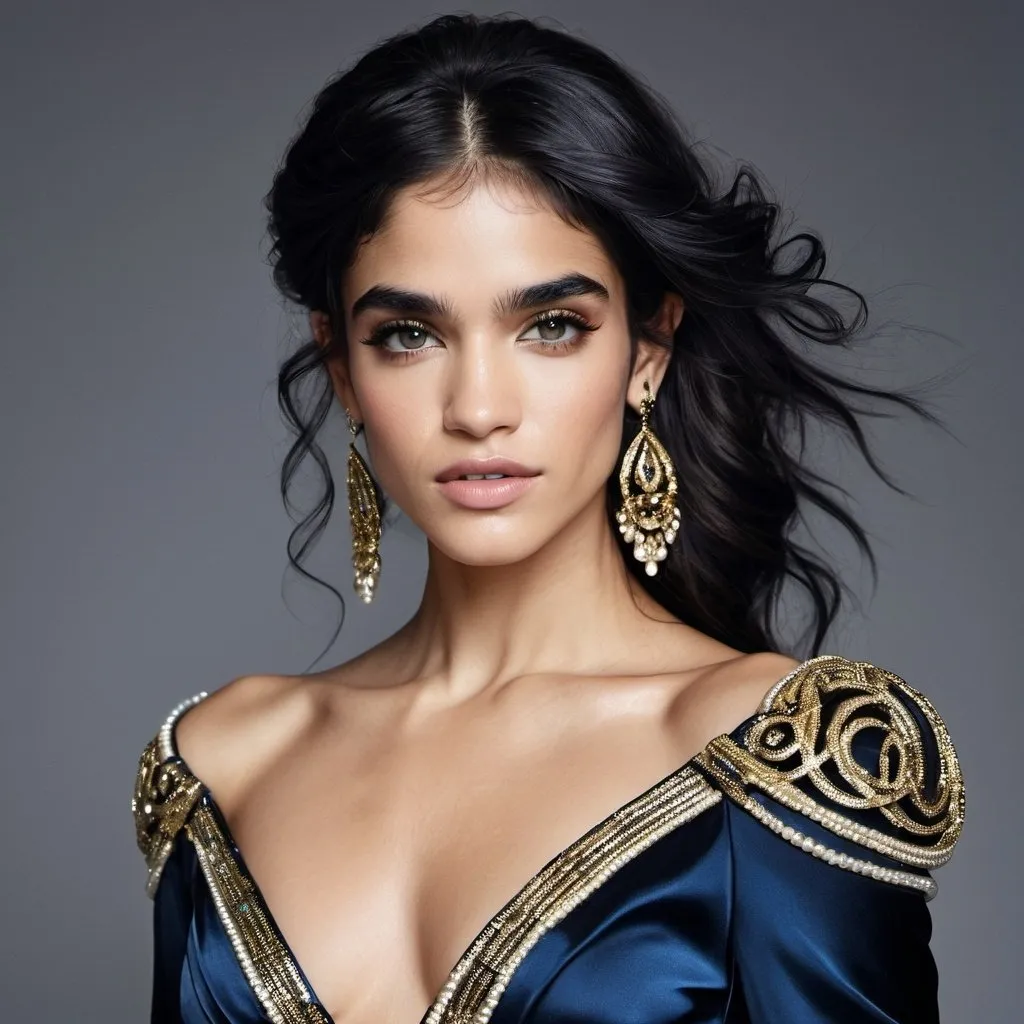 Prompt: Ingush , Sofia Boutella-like woman in a midlevel style black silk and shimmering gold dress, adorned with blue and gold jewels, gold coiling bands on arms, pearl rings on fingers, hair swept up high and cascading onto left shoulder, high fashion, detailed facial features, luxurious material, highres, elegant, glamorous, sophisticated, shimmering, opulent, detailed hair, professional lighting Ingush