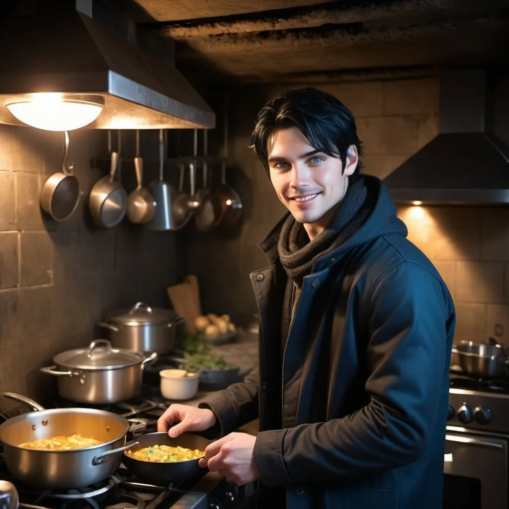 Prompt: handsome, black hair, blue-eyed young man, innocent face,  grinning, underground, cooking in the kitchen, with his wife intense atmosphere, dramatic  low  professional lighting, winter, post apocalyptic urban fantasy setting, dramatic lighting, intricate architectural details, high quality, realistic fantasy, urban setting, detailed expressions, dramatic lighting, 