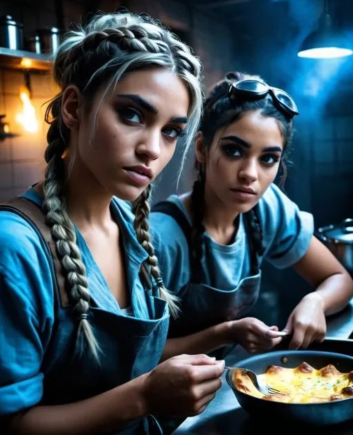 Prompt: two best friends, Kianna, average looking, young rugged, homeless, 19 year old girl, baggy clothes, loves to cook,  best friends with woman that looks like sofia boutella with btworown eyes, her braided hair, cooking together, cinematic, heroic, pie, omlette, epic lighting, cool tones, detailed eyes, professional, gritty atmosphere, intense atmosphere, dramatic low professional lighting, post-apocalyptic setting, detailed eyes, highres, intense atmosphere, professional lighting, post-apocalyptic,, dramatic, rebel medic, blue tones