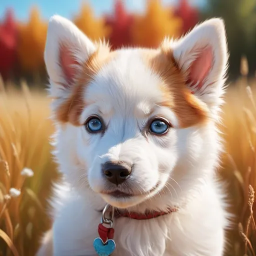 Prompt: High-quality digital illustration of a cheerful puppy, one brown eye and one piercing sky blue eye, vibrant red fur with long wagging tail,  adorable expression, realistic digital painting, detailed fur with soft textures, warm and inviting color palette, natural lighting, best quality, detailed eyes, vibrant colors, heartwarming, realistic, cheerful mood
