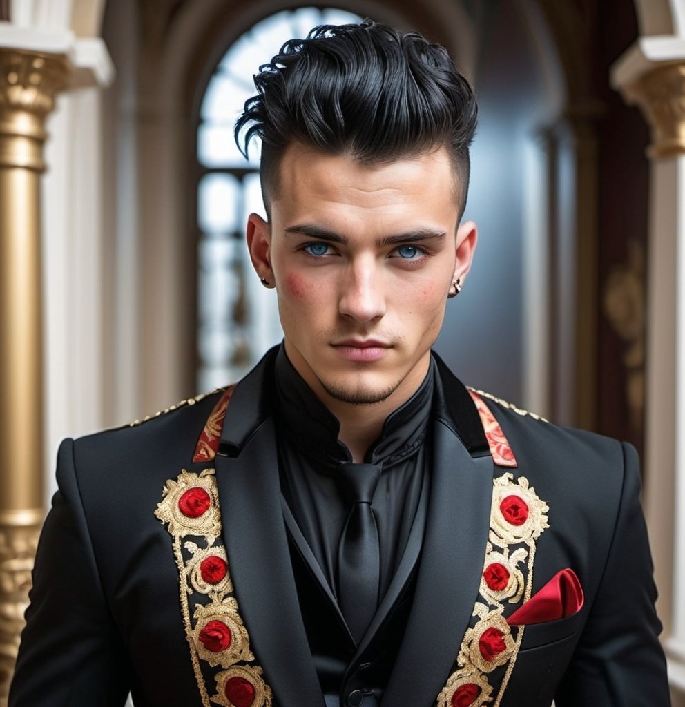 Prompt: Handsome 24-year-old with black hair, mohawk, and intense blue eyes, wearing a black dinner jacket with ornate gold and red thread designs, battle injury, future, rebels, war, refugee  rebels, scarred, sophisticated, elegant, stylish, , mohawk, dinner setting, 
