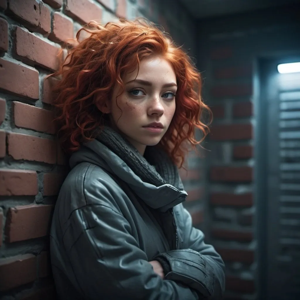 Prompt: futuristic brick prison cell with scrappy girl, winter clothes, curly red hair, relaxed posture, sharp cheekbones, slouched against wall, cool tones, detailed, highres, futuristic, scrappy style, atmospheric lighting