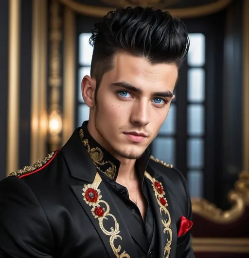 Prompt: Handsome 24-year-old with black hair, mohawk, and intense blue eyes, wearing a black dinner jacket with ornate gold and red thread designs, rebels, polished black boots, high quality, resistance, detailed, realistic, scarred, sophisticated, elegant, stylish, , mohawk, intense blue eyes, ornate dinner jacket, royal dinner setting, future, rebels, war, refugee
