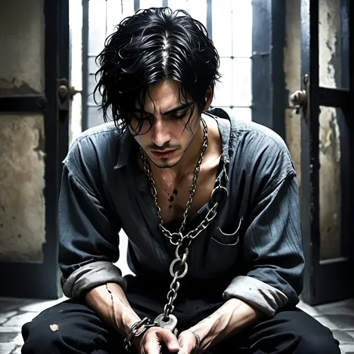 Prompt:  Gothic architecture, suffering,  kneeling, handcuffs, his black hair now longer fell over his icy blue eyes  neck shackle, brow pinched, tattered shirt, Emaciated hands covered in bruises and prison grime, stone floor, Rebels, Resistance, scars, blisters, bruises. gritty, dark, Skinny, starved, thin. tears, crying, painful, begging,, young handsome dark hair, tears, sad, sorrow,
His brow pinched, weathering wave after wave of consuming pain, weeping eyes, shackles, injury
His back to the prison cell door as it opened. Gritty, 

