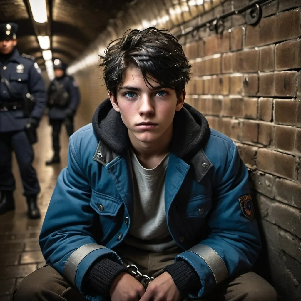 Prompt: handsome, black hair, blue-eyed 17 year old homeless boy, wearing old worn out and patched up coat, detained, seated against brick wall in subway tunnel, handcuffs, surrounded by masked soldiers in black, intense atmosphere, dramatic lighting, dynamic composition, gritty, Warzone, captive, rebellious, dramatic lighting, professional lighting