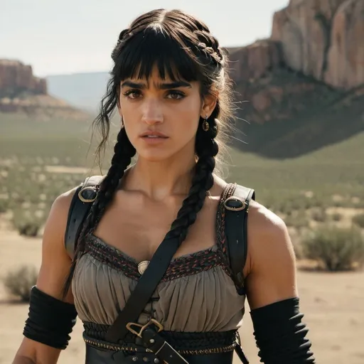 Prompt:   woman with braided hair and sofia Boutella features poised to defend herself in a fight, a baby in papoose strapped to her chest, and  western, set in travel, midwest
