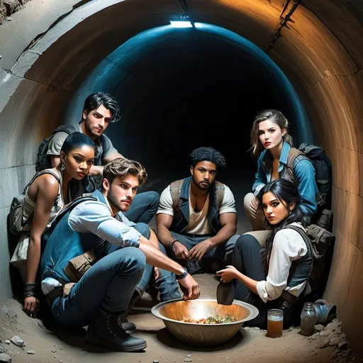 Prompt: post apocalypse, underground tunnel, four  diverse, ruggedly dressed rebels , male and female sit on the ground and eat, each with a bowl in their hands. They surround a handsome young early twenties male, with black hair,  icy blue eyes,  
