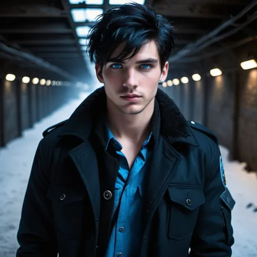 Prompt: handsome, black hair, blue-eyed 20 year old man, innocent face, detained, handcuffs,   underground rebels. intense atmosphere, dramatic  low  professional lighting, winter, post apocalyptic