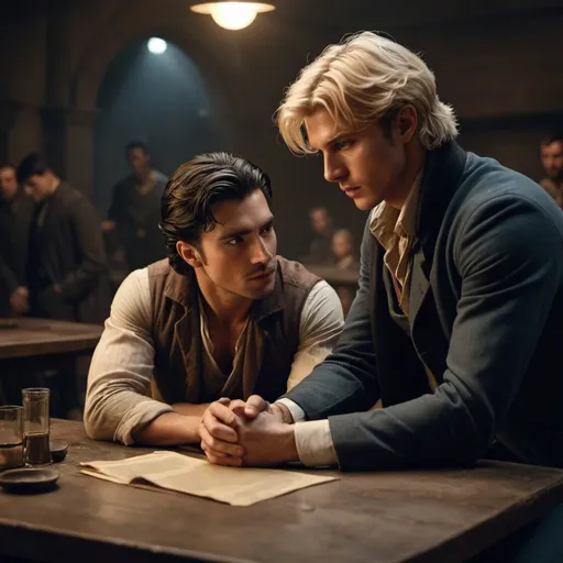 Prompt:  male physician Victatrain,  young, blond male, battle weary, worry,  tends to a handsome dark hair young man who is injured. resistance, rebels, injured, underground, gritty, sitting a table, cinematic, dramatic, moody lights

