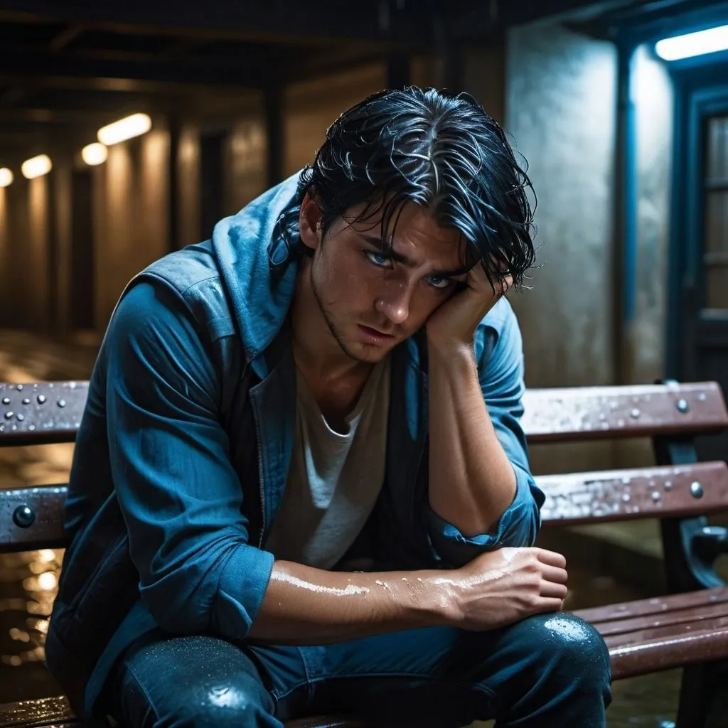 Prompt: drenched, sopping wet, young man with black hair and blue eyes, sitting on small  bench, hunched over, elbows on his knees, face  in his hands, covering his face.    injured, resistance, rebels, underground, cinematic, dramatic, moody lighting, gritty, table scene, detailed facial expressions, professional, highres, cinematic lighting, dramatic storytelling