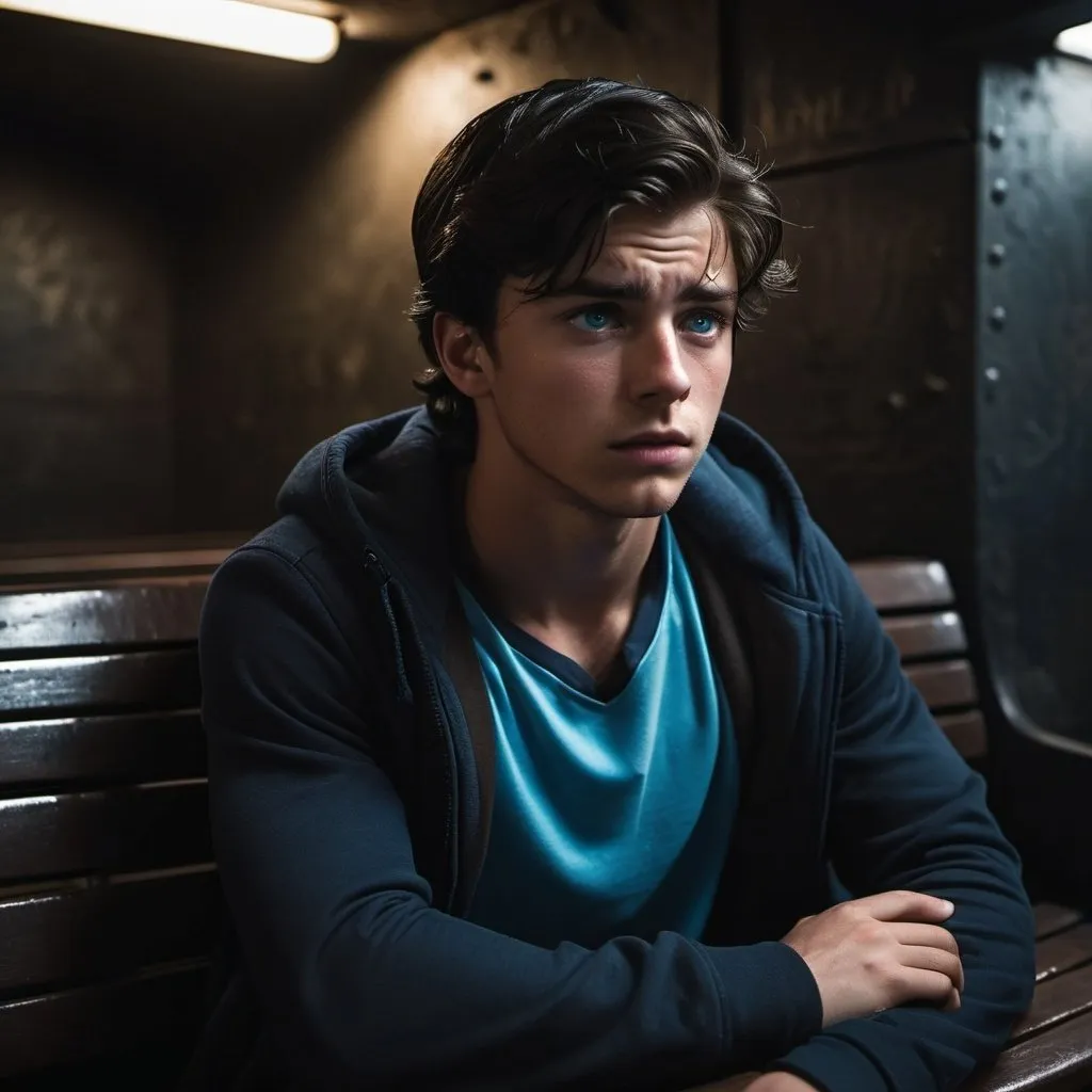 Prompt: He made no attempt to stand from the bench knowing he was incapable and bent over into his hands, covering his face to hide how relieved he actually was. 
 young man with dark hair and blue eyes, injured, resistance, rebels, underground, cinematic, dramatic, moody lighting, gritty, table scene, detailed facial expressions, professional, highres, cinematic lighting, dramatic storytelling